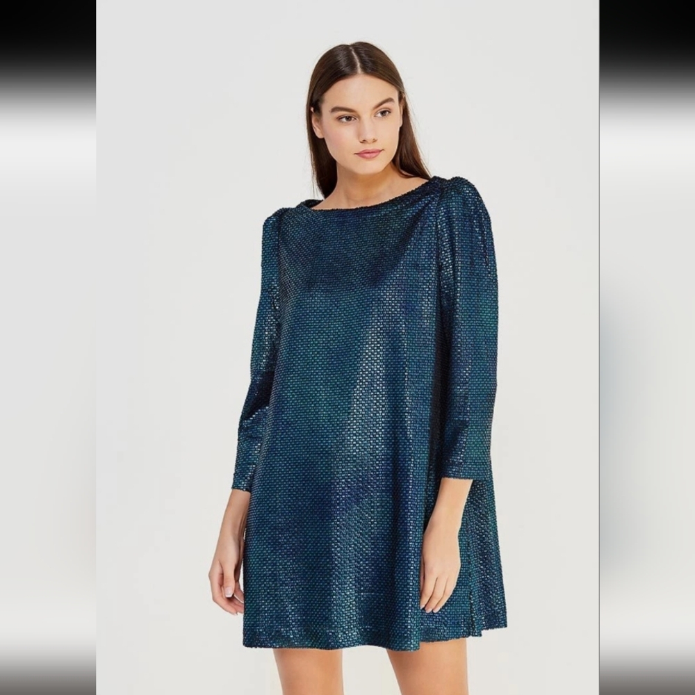 Free People Metallic Dress Long Sleeve Pockets Mini Cocktail 90s Glam Size Large